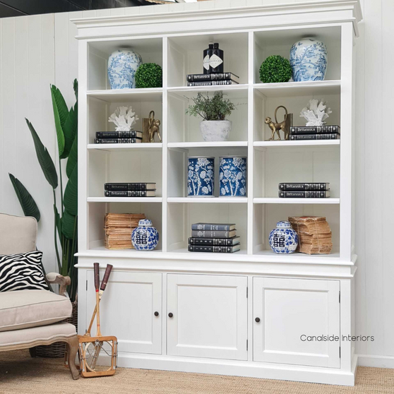 The Grange Wall Unit in classic white - an embodiment of Hamptons style luxury for your living room or home office - Canalside Interiors
