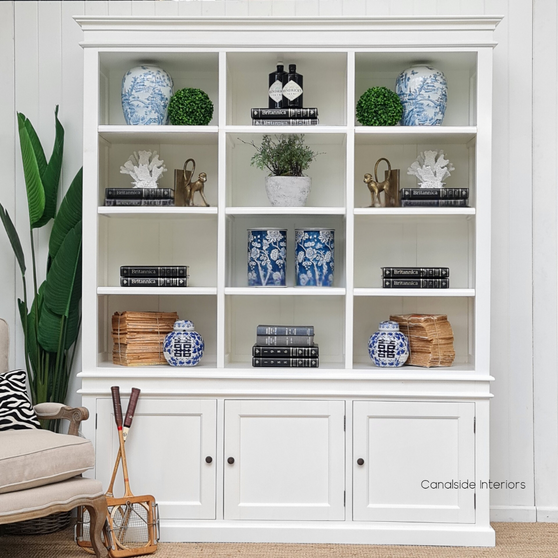 The Grange Wall Unit in classic white - an embodiment of Hamptons style luxury for your living room or home office - Canalside Interiors