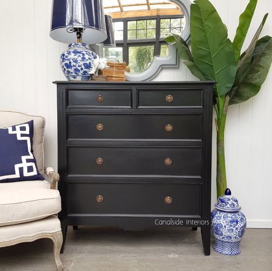 Front view of the Peninsula 5 Drawer Tall Chest in black, showcasing its elegant design and traditional craftsmanship.