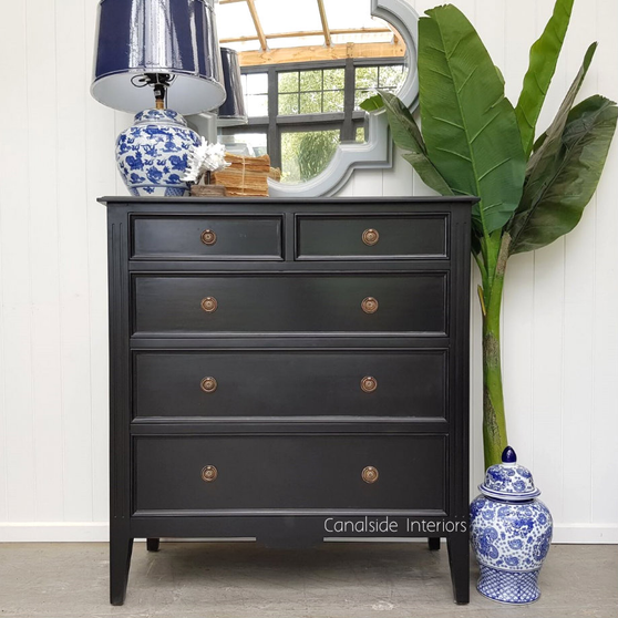 Front view of the Peninsula 5 Drawer Tall Chest in black, showcasing its elegant design and traditional craftsmanship.