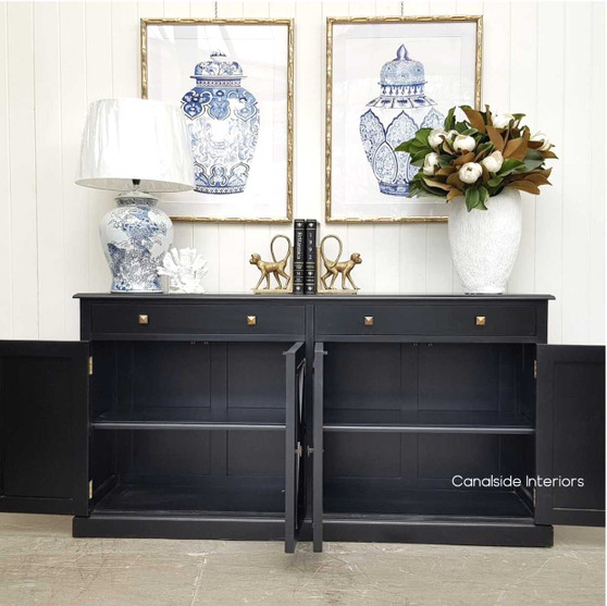 Sleek Black South Hamptons 4 Door Sideboard from Canalside Interiors offers a contemporary coastal look for sophisticated dining areas