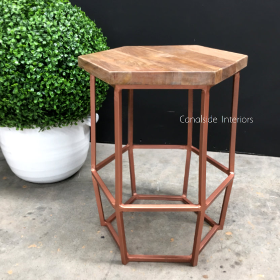 Canalside Interiors' Hex Low Stool in distressed copper combines industrial design with a rustic wooden top, a versatile addition to the modern dining room