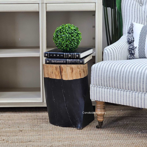 This Canalside Interiors Organic Log Trunk Stool in black offers a modern yet natural touch for a contemporary bedroom setting