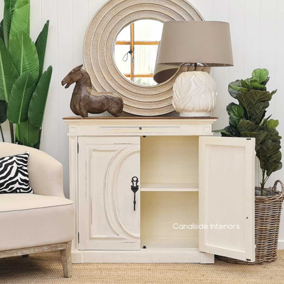 Front view of the Marmont Sideboard, showcasing the elegant stone finish and weathered oak top for a timeless look.