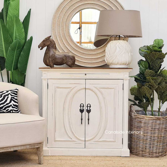Front view of the Marmont Sideboard, showcasing the elegant stone finish and weathered oak top for a timeless look.