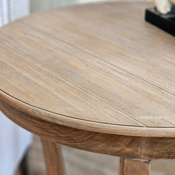 Elegant Downton Round Side Table in Weathered Oak - a Hamptons-inspired piece for a timeless living room - Canalside Interiors.