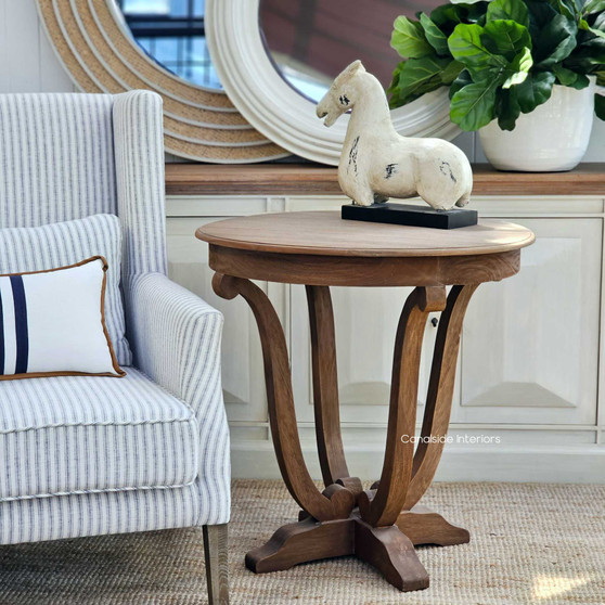 Elegant Downton Round Side Table in Weathered Oak - a Hamptons-inspired piece for a timeless living room - Canalside Interiors.