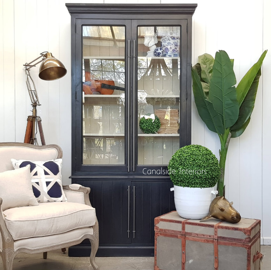 Front view of the Markle Display Unit showcasing the distressed charcoal/black exterior and chic whitewash interior, ideal for modern Hamptons-inspired homes.