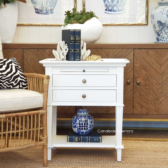 Elegant Butler Side Table / Bedside in white, showcasing tray top moulding and minor distressing for a timeless look.