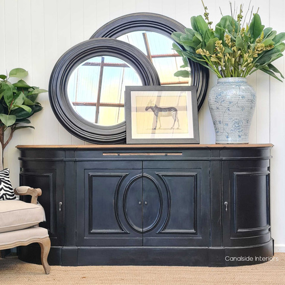 Elegant Bastian Large Sideboard in Distressed Charcoal with a weathered oak top, displaying a classical French silhouette for a modern home – front view.