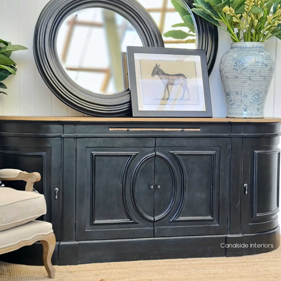 Elegant Bastian Large Sideboard in Distressed Charcoal with a weathered oak top, displaying a classical French silhouette for a modern home – front view.