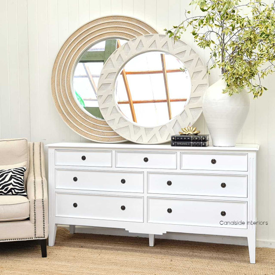 Frontal view of the Peninsula 7 Drawer Chest in white, showcasing its timeless design and minor distressing for a classic look.