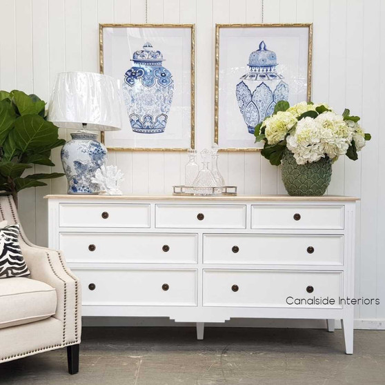 Elegant frontal view of the Peninsula Range Sideboard, showcasing its white finish and limewash top in a Hamptons-style interior.