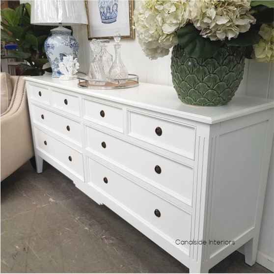 Elegant Peninsula 8 Drawer Sideboard in white, showcasing timeless sophistication perfect for Hamptons-style interiors.
