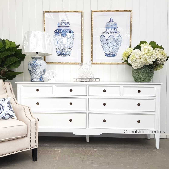Elegant Peninsula 8 Drawer Sideboard in white, showcasing timeless sophistication perfect for Hamptons-style interiors.