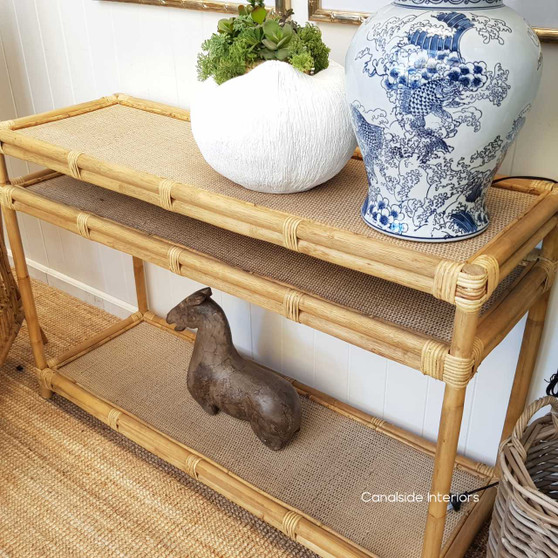 Raffles Cane and Rattan Console in Natural Finish against a Cream Wall, Perfect for a Coastal Living Room