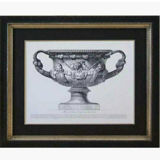 Frontal view of the Piranesi Urn Reproduction Print in a classic frame, showcasing the detailed black and gold mount, a sophisticated addition to any room.