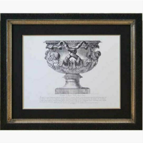 Front view of the Italian Piranesi Urn Reproduction Print in a luxurious ivory & gold mat, encased in a classic frame, elevating a Hamptons-style living room.