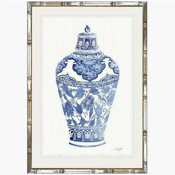 The Chinoiserie Urn Print I by Jennifer Hunt, framed in elegant faux bamboo, brings a classical Asian motif to the modern Hamptons home  & Coastal theme with a blue and white Chinoiserie print - Canalside Interiors