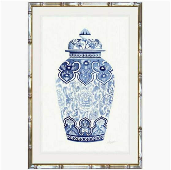 Accentuate your bedroom's decor with Chinoiserie Urn IV by Jennifer Hunt, featuring blue and white Asian patterns and a stylish faux bamboo frame - Canalside Interiors