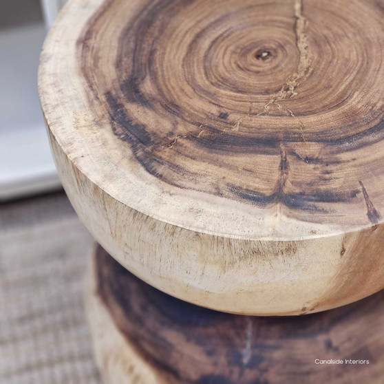 View of Mele Natural Stool/Side Table, showcasing its unique hand-carved design and natural wood texture.