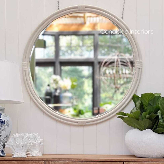 Raffles Cane Mirror in distressed stone, enhancing the classical charm of a Hamptons-style bedroom - Canalside Interiors