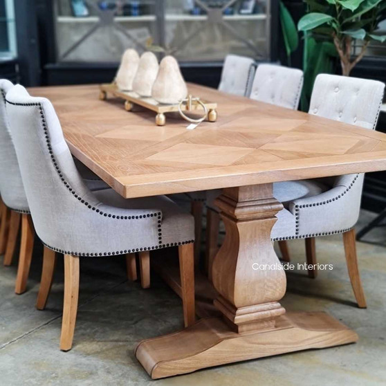 Hampton Bay Parquetry Dining Table showcasing its detailed hand-crafted parquetry top, symbolizing Canalside Interiors' commitment to quality and craftsmanship.