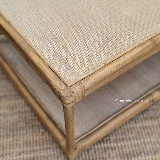 Natural elegance defines the Raffles Cane and Rattan Coffee Table, a Canalside Interiors piece perfect for a Hamptons-style family room