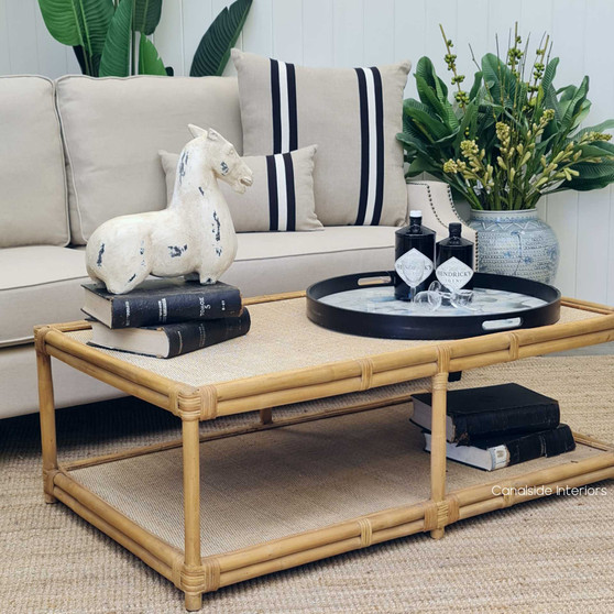 Natural elegance defines the Raffles Cane and Rattan Coffee Table, a Canalside Interiors piece perfect for a Hamptons-style family room