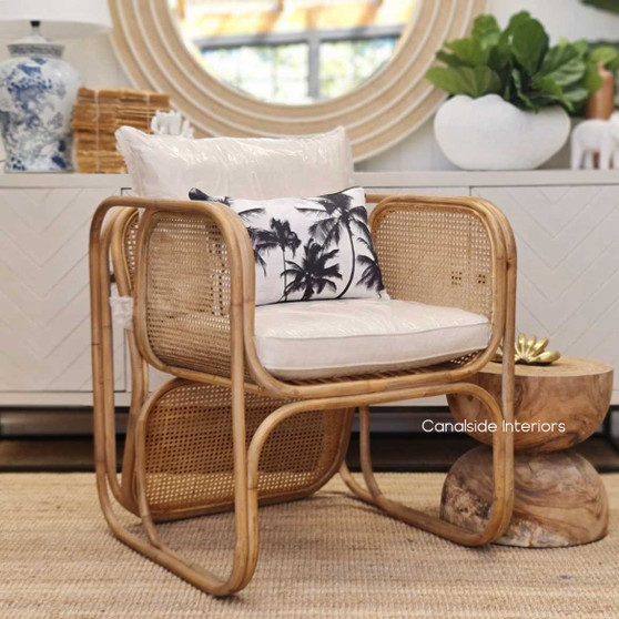 Natural woven Royal Palm Cane Armchair, bringing a contemporary Plantation touch to a Hamptons-style living room