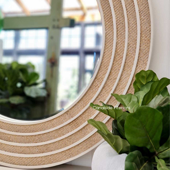 View capturing the mirror's 120cm diameter, perfect for creating a statement focal point in spacious and chic interiors.