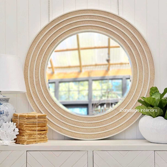 View capturing the mirror's 120cm diameter, perfect for creating a statement focal point in spacious and chic interiors.