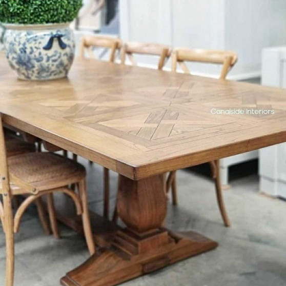 Elegant Stamford Parquetry Dining Table in a natural finish, perfect for a Hamptons-inspired dining room, blending classical charm with modern durability.