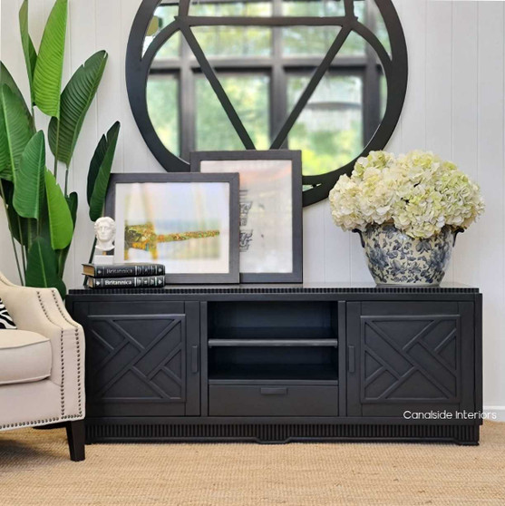 Black Ellery 2 Door TV Unit with Chinoiserie detailing for a touch of Hollywood glam in living rooms