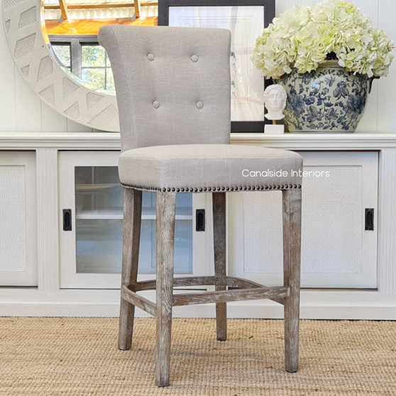 Angled view of the Montague Kitchen Bar Stool, emphasizing the harmonious blend of contemporary silhouette with classic button back detailing, ideal for quality-focused interiors.