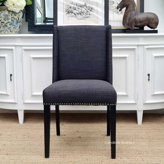 Leclerc Dining Chair, Sleek Elegance in Black Linen Blend Upholstery, Black Oak Legs, Brass Stud Detail, Front Angled View