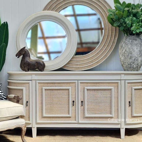 Elevate your living room with the Francia Stone Rattan Sideboard's understated elegance, a nod to Canalside Interiors' expertise in timeless home furnishings