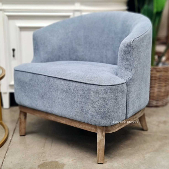 The Hamilton Occasional Tub Armchair in chenille blue offers a sophisticated Hamptons touch to your living room decor - Canalside Interiors Sydney