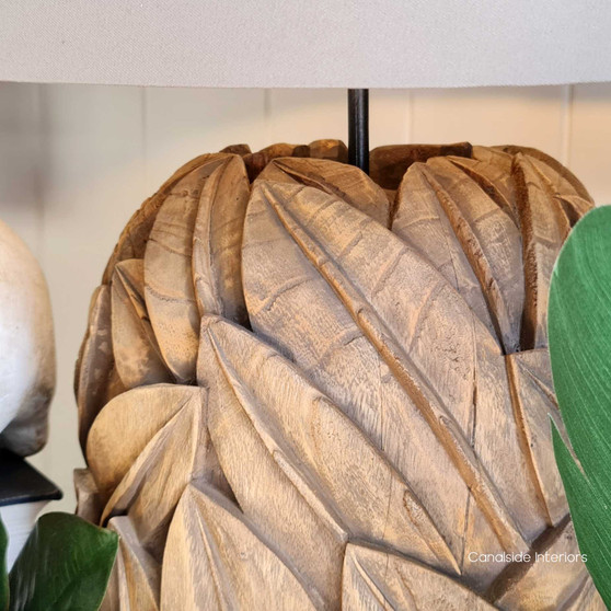 Frontal view of the Botanique Lamp at Canalside Interiors, showcasing the natural beauty and unique variations of the timber.