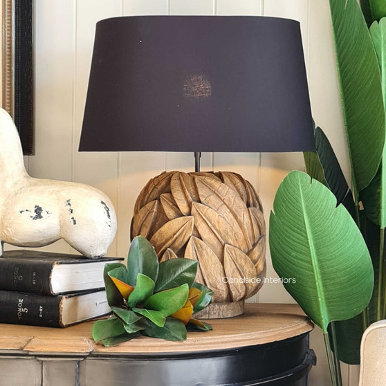 Frontal view of the Botanique Lamp at Canalside Interiors, showcasing the natural beauty and unique variations of the timber.