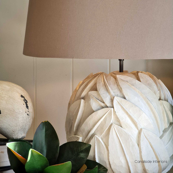 Frontal view of the Botanique Lamp at Canalside Interiors, showcasing the natural beauty and unique variations of the timber.