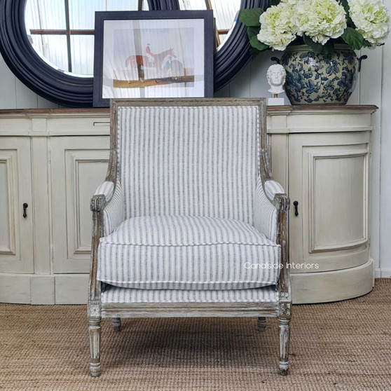 Angled view showcasing the blue striped linen, perfect for adding a touch of Hamptons style to any space.