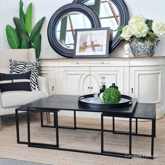 Main view of the Brienne Herringbone Nesting Coffee Table in distressed charcoal, showcasing its modern and versatile design.