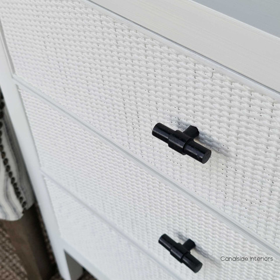 Claremont Rattan 3 Drawer Bedside Table in a coastal-themed bedroom