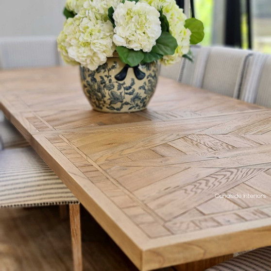 Danbury Extendable Oak Dining Table in natural finish, perfect for Hamptons-inspired dining rooms with its parquetry detailing