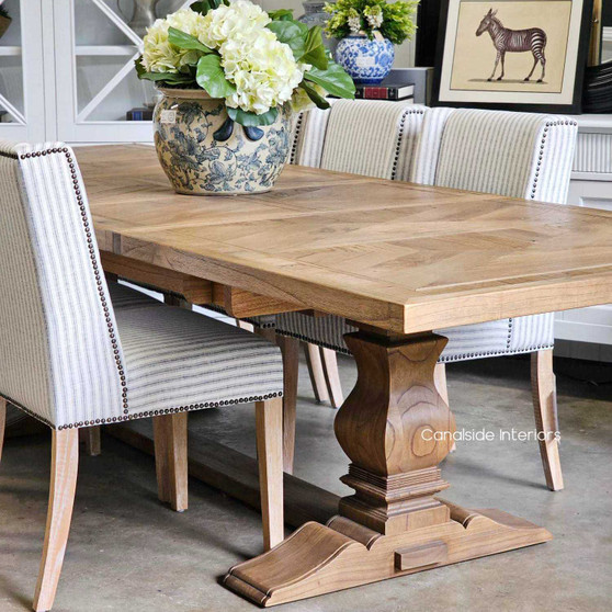 Danbury Extendable Oak Dining Table in natural finish, perfect for Hamptons-inspired dining rooms with its parquetry detailing