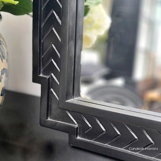 Front view of the Mayfair Herringbone Rectangular Mirror in Distressed Black, showcasing its sophisticated design and waterfall stepped edges.