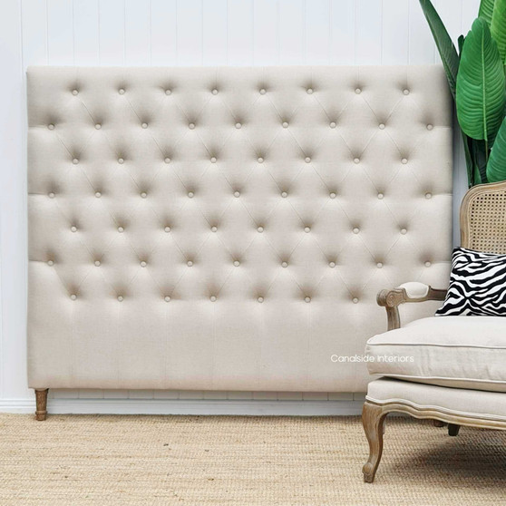 Close-up of the Euston Tufted Headboard's cream linen upholstery and button detailing, perfect for a Hamptons-style bedroom - Canalside Interiors.