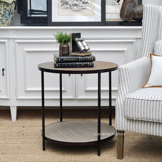The Knox Rattan Nesting Coffee Tables, with their chic tempered glass and natural rattan tops, are a versatile choice for a Hamptons-style living room – Canalside Interiors.