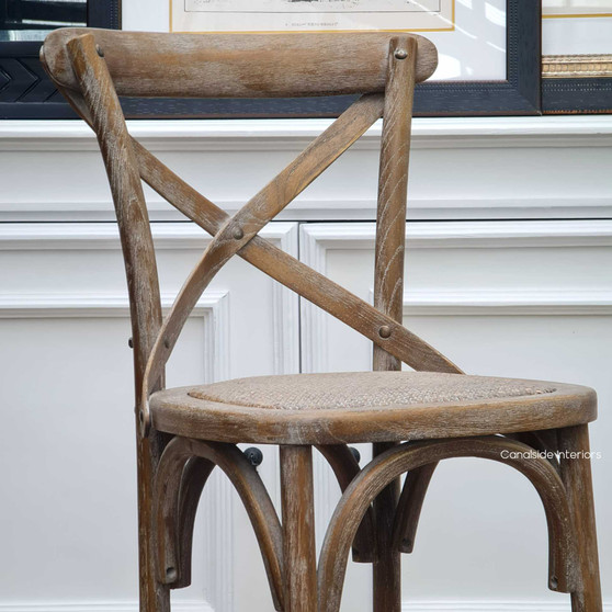 Weathered Oak Cross Back Chair showcasing a Hamptons-inspired armless design, perfect for enhancing the elegance of any kitchen room, available at Canalside Interiors